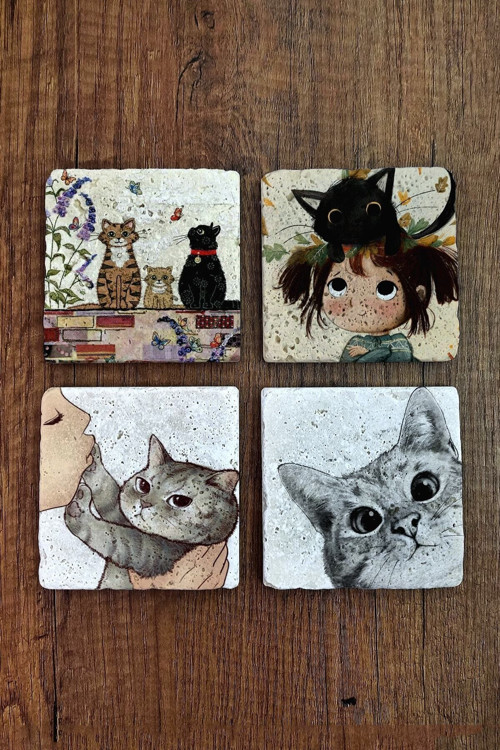 Doğal Taş Bardak Altlığı 4'lü Set - Kedi Desenli - Stone Coasters
