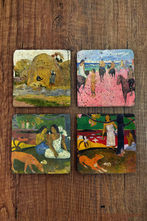 Doğal Taş Bardak Altlığı - Paul Gaugin Eserleri Baskılı 10x10cm Stone Coasters