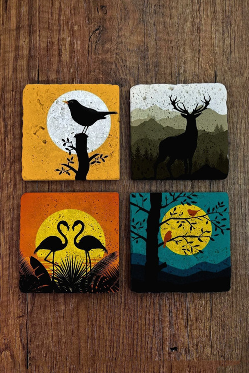 Doğal Taş Bardak Altlığı 4'lü Set - Doğa Temalı Kuş, Geyik, Flamingo, Dolunay - Stone Coasters