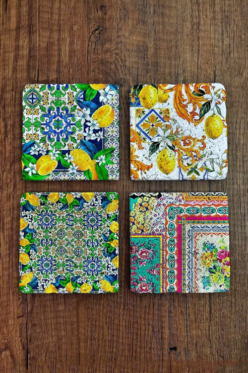 Doğal Taş Bardak Altlığı 4'lü Set - Limon Ağacı Desenli Taş Bardak Altı - Stone Coasters