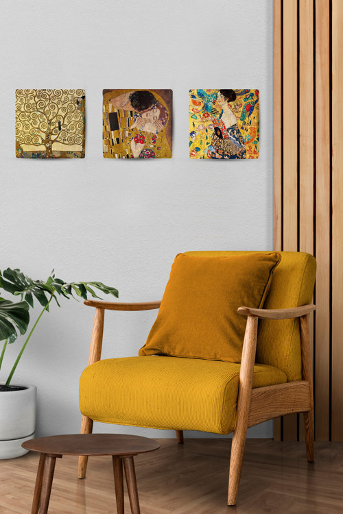 Doğal Taş Duvar Dekoru 20x20cm Tablo - Gustav Klimt Eserleri Baskılı 3'lü Set -3