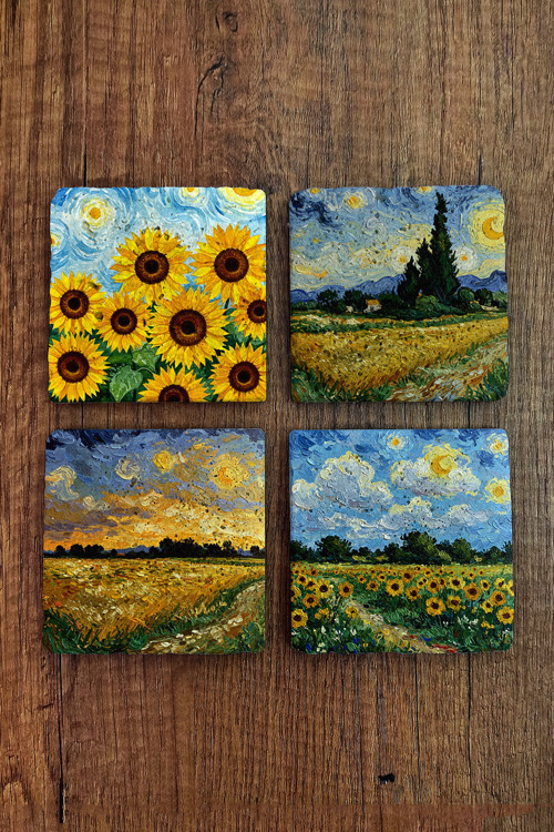 Doğal Taş Bardak Altlığı - Van Gogh AI Eserleri Baskılı 10x10cm Yapay Zeka Stone Coasters 478