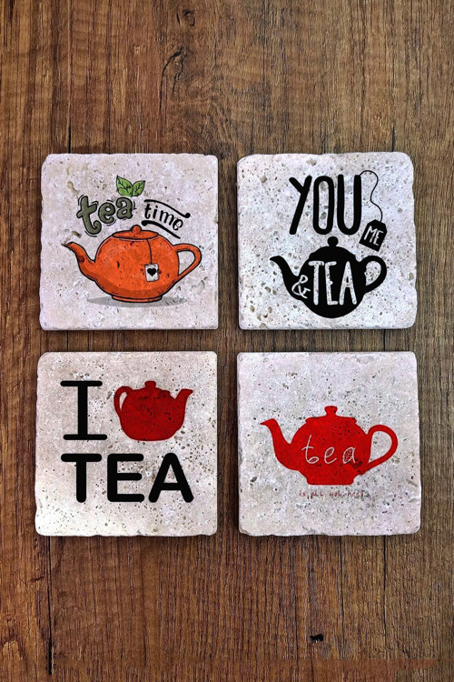 Doğal Taş Bardak Altlığı 10x10x1cm 4'lü Set - Çay Temalı Baskılı Stone Coasters