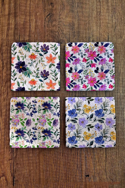 Doğal Taş Bardak Altlığı 4'lü Set - Çiçek Desenli Bardak Altlığı - Stone Coasters