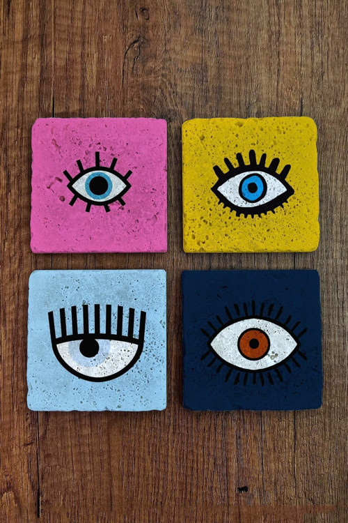 Doğal Taş Bardak Altlığı 4'lü Set - Renli Gözler Nazar - Stone Coasters