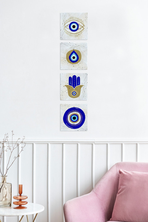 Doğal Taş 4'lü Tablo Nazar Boncukları Duvar Dekoru Çift Taraflı Yapışkanlı 10x10cm Dörtlü Set