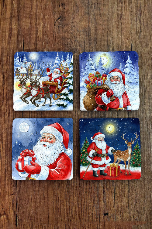 Doğal Taş Bardak Altlığı - Mery Christmast Baskılı 10x10cm Yeni Yıl Noel Stone Coasters 495