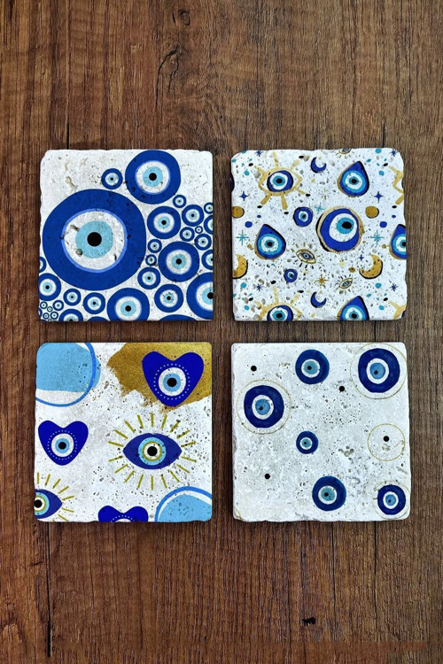 Doğal Taş Bardak Altlığı Nazar Boncuğu Baskılı 4'lü Set - Evil Eye Stone Coasters