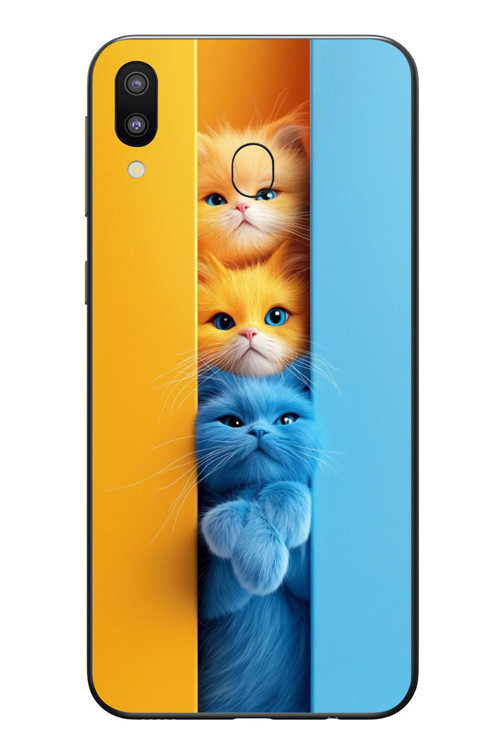 Samsung Galaxy M20 Uyumlu Mavi Sarı Kediler Baskılı Silikon Kılıf