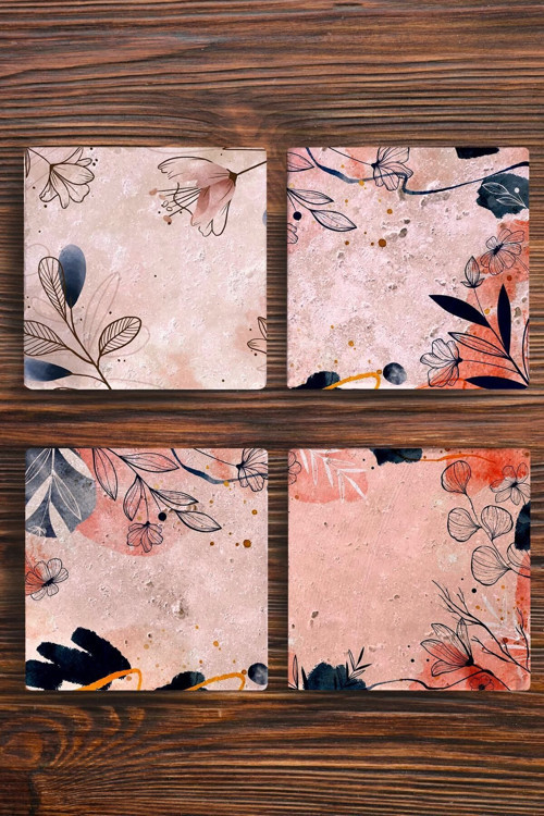 Doğal Taş Bardak Altlığı 4'lü Set - Çiçek Desenli