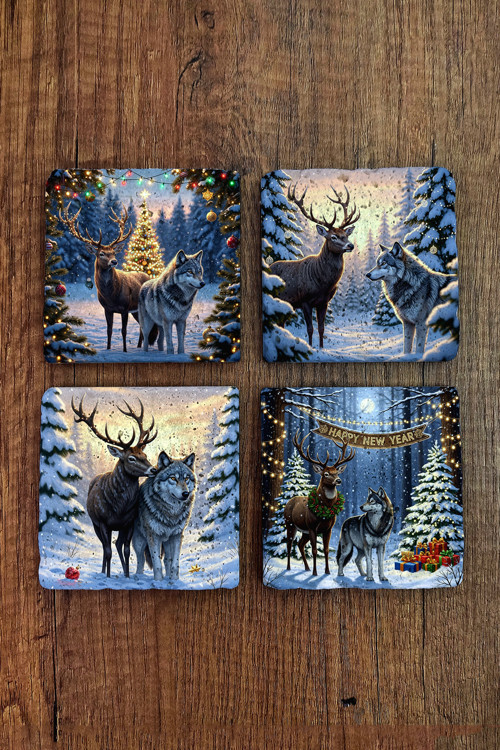 Doğal Taş Bardak Altlığı - Christmast Yeni Yıl Baskılı 10x10cm Ai Noel - Stone Coasters 523