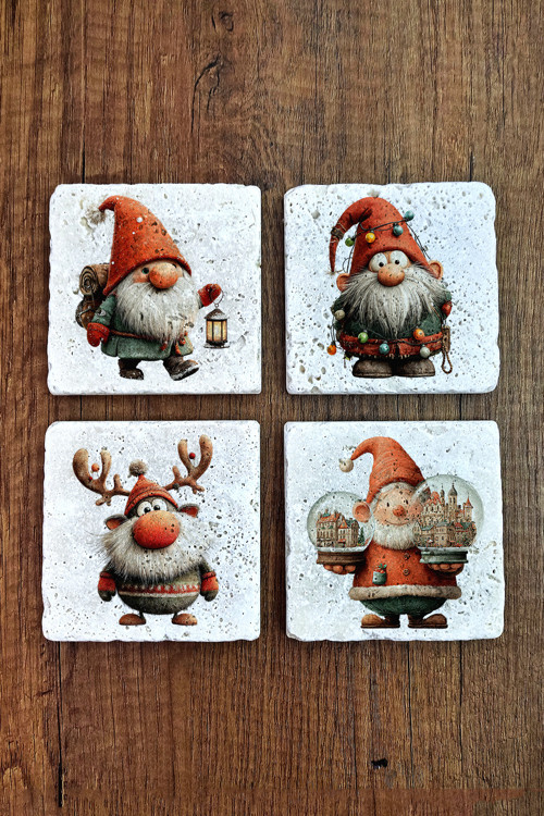 Doğal Taş Bardak Altlığı - Christmast Clipart Baskılı 10x10cm Yeni Yıl Stone Coasters 497