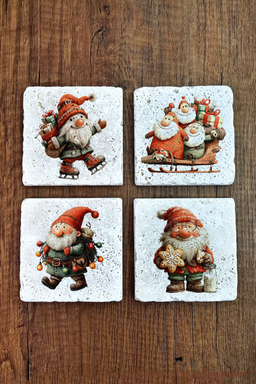 Doğal Taş Bardak Altlığı - Christmast Clipart Baskılı 10x10cm Yeni Yıl Stone Coasters 503