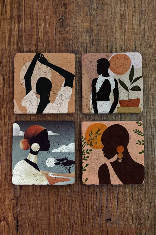 Doğal Taş Bardak Altlığı 4'lü Set - Kadın Figürleri Desenli - Stone Coasters