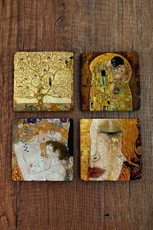 Doğal Taş Bardak Altlığı Gustav Klimt Eserleri Baskılı 4'lü Set - Stone Coasters