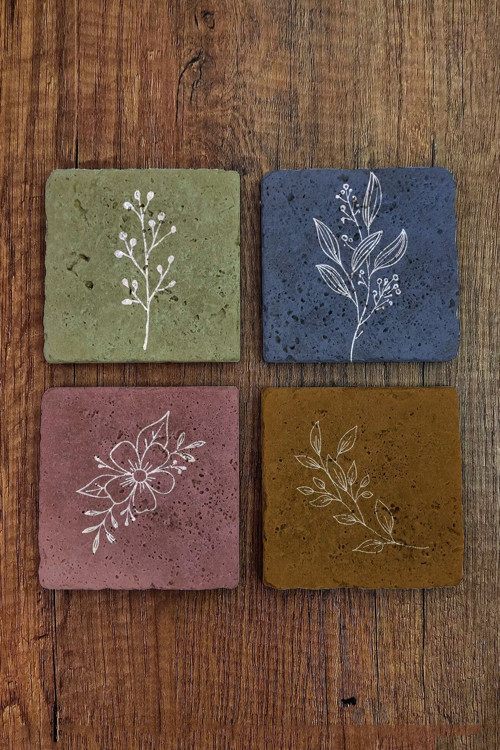 Doğal Taş Bardak Altlığı Renkli Çiçek Desenler Baskılı 4'lü Set - Stone Coasters