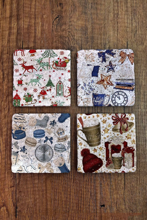 Doğal Taş Bardak Altlığı Yeni Yıl - Yılbaşı Uv Baskılı 4'lü Set -christimas Stone Coasters