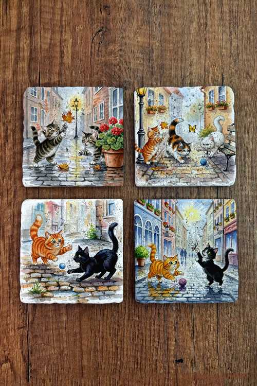 Doğal Taş Bardak Altlığı - Sevimli Kediler Baskılı Bardak Altlığı 10x10cm Ai Stone Coasters 580