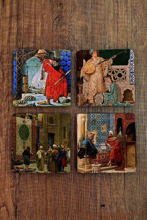 Doğal Taş Bardak Altlığı Uv Baskılı 4'lü Set Kaplumbağa Terbiyecisi - Stone Coasters