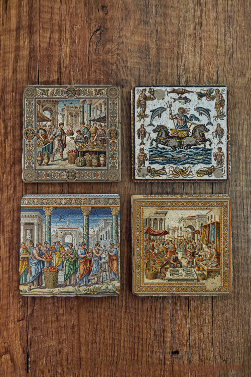 Doğal Taş Bardak Altlığı - Antik Mozaik Görselleri Baskılı Bardak Altlığı 10x10cm Stone Coasters 566