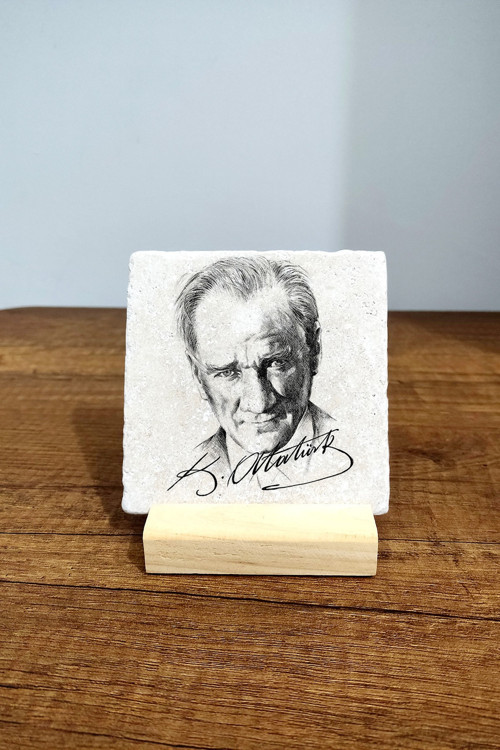 Masa Üstü Taş Tablo - Masa Tablosu 10x10cm - Atatürk Portesi Baskılı Tablo