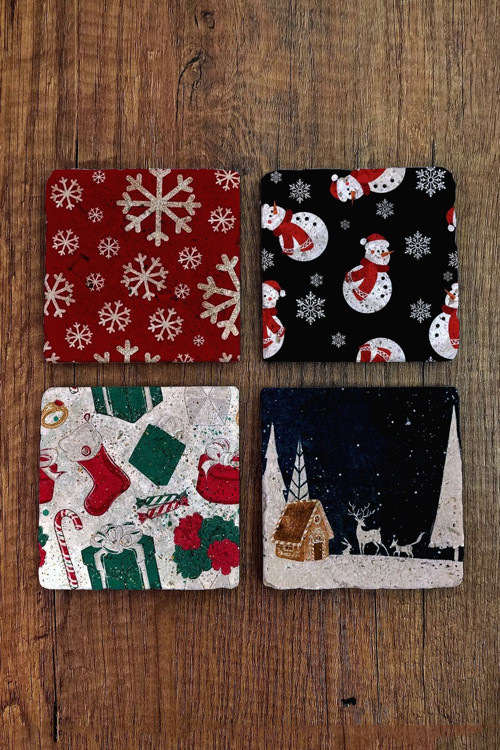Yeni Yıl - Yılbaşı Doğal Taş Bardak Altlığı Uv Baskılı 4'lü Set - Stone Coasters - New Year
