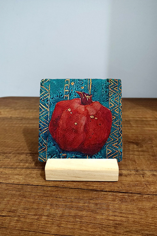 Masa Üstü Doğal Taş Tablo - Masa Tablosu 10x10cm - Nar Baskılı Dekor