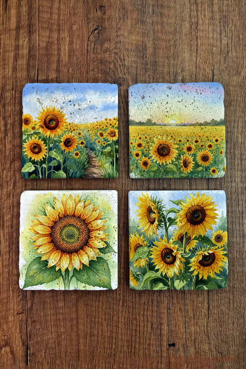 Doğal Taş Bardak Altlığı - Papatya Desenler Baskılı Bardak Altlığı 10x10cm Ai Stone Coasters 574