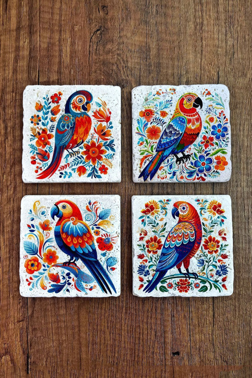 Doğal Taş Bardak Altlığı 4'lü Set 10x10x1 Cm Renkli Papağan Desenleri -stone Coasters