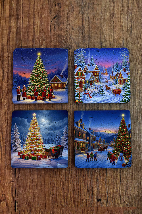 Doğal Taş Bardak Altlığı - Christmast Yeni Yıl Baskılı 10x10cm Ai Noel - Stone Coasters 533