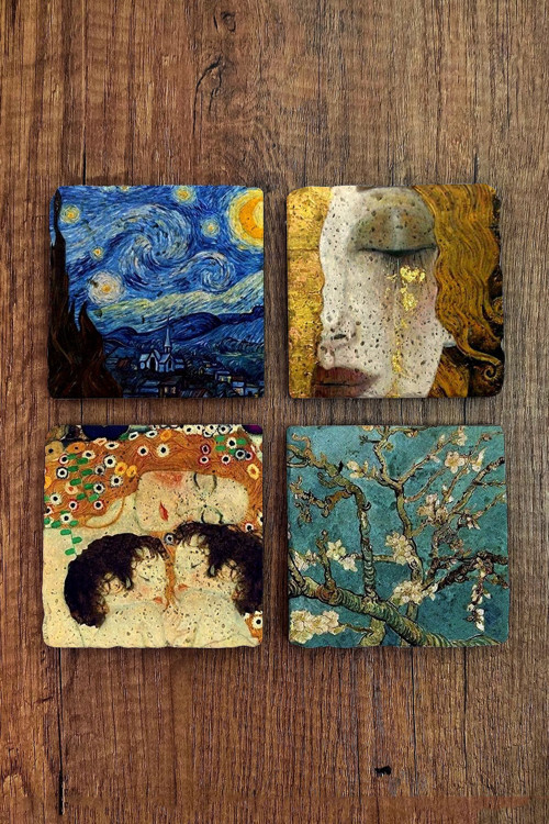 Doğal Taş Bardak Altlığı 4'lü Set 10x10x1 cm Gustav klimt ve Van Gogh Eserleri- Stone Coasters
