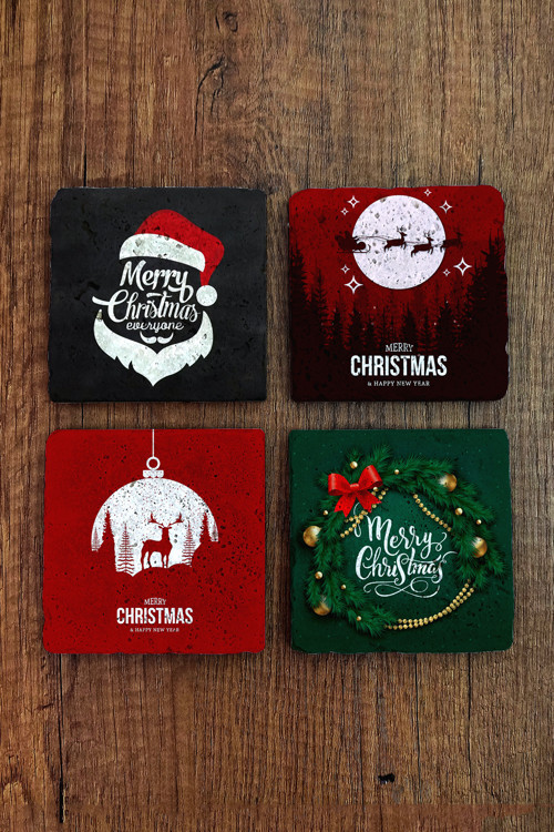 Doğal Taş Bardak Altlığı 4'lü Set 10x10x1 cm Yeni Yıl Hediyesi Christimas Stone Coasters