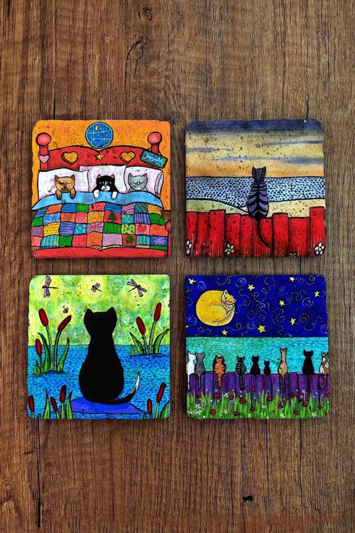 Doğaltaş Bardak Altlığı 4'lü Set - 10x10x1 Kedi Baskılı - Stone Coasters