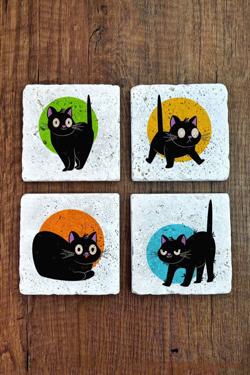 Doğal Taş Bardak Altlığı 4'lü Set 10x10x1 cm Şaşkın Kedi Desenleri -Stone Coasters
