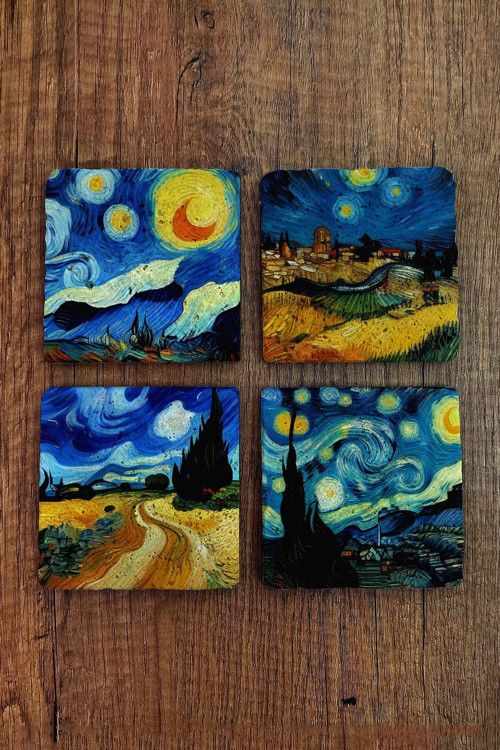 Doğal Taş Bardak Altlığı 4'lü Set 10x10x1 cm Yapay Zeka Desenleri -Stone Coasters