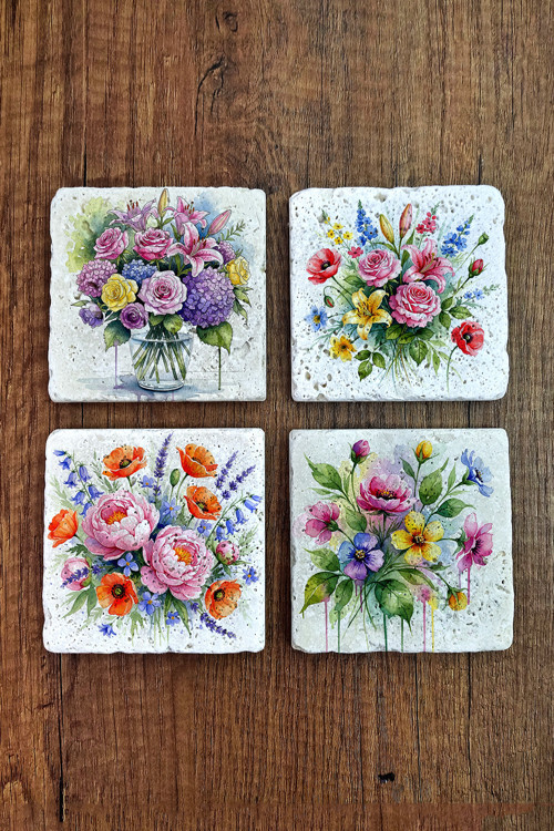 Doğal Taş Bardak Altlığı - Çiçek Baskılı Bardak Altlığı 10x10cm Ai Stone Coasters 575