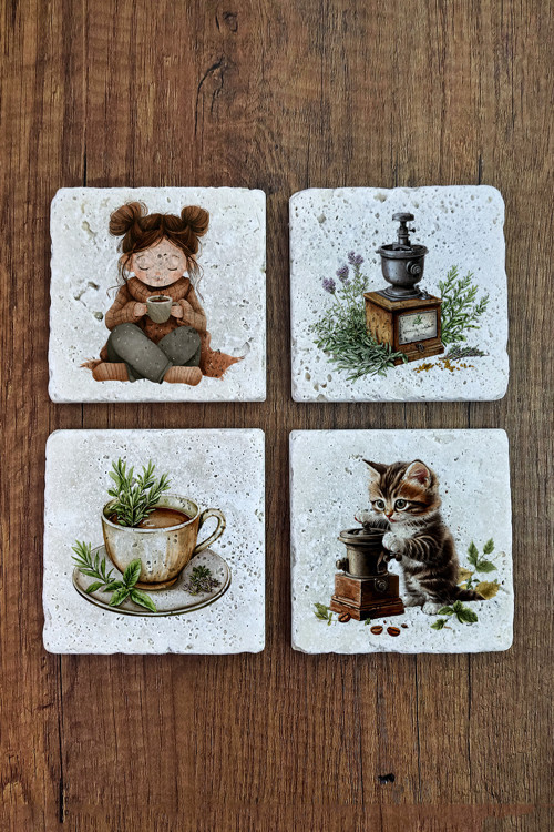 Doğal Taş Bardak Altlığı Sevimli Kız ve Kedi Kahve Temalı -10x10cm Stone Coasters