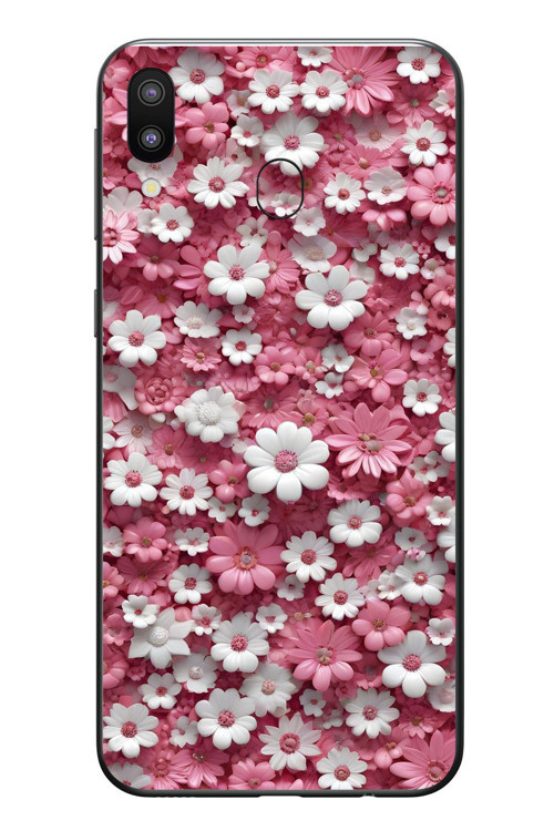 Samsung Galaxy M20 Uyumlu Beyaz Pembe Papatyalar Baskılı Silikon Kılıf