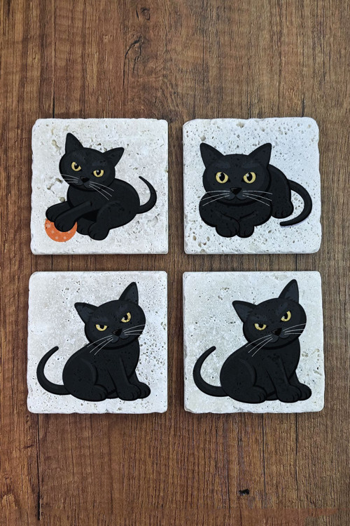 Doğal Taş Bardak Altlığı 4'lü Set 10x10x1 cm Sinirli Kedi Desenleri -Stone Coasters