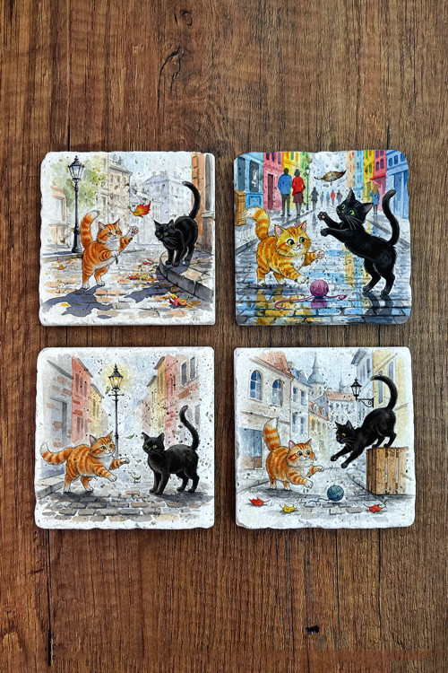 Doğal Taş Bardak Altlığı - Sevimli Kediler Baskılı Bardak Altlığı 10x10cm Ai Stone Coasters 584