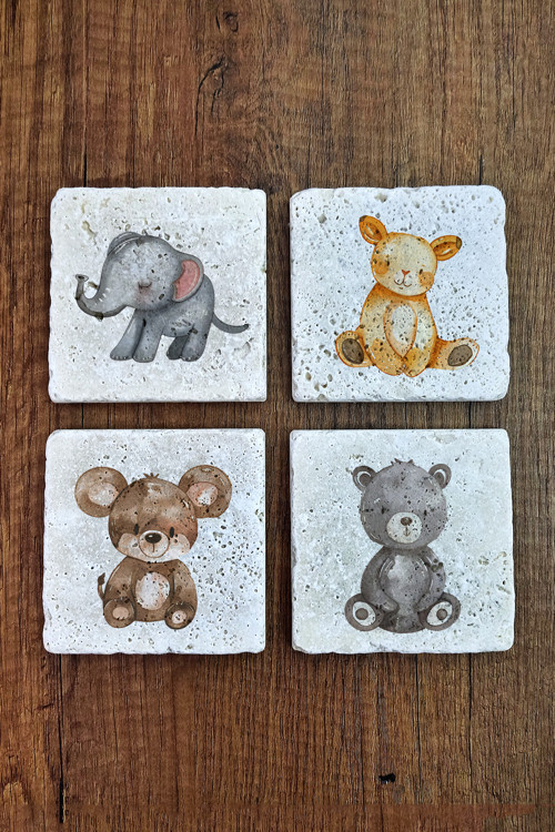 Sevimli Hayvanlar Temalı Doğal Taş Bardak Altlığı - Stone Coasters