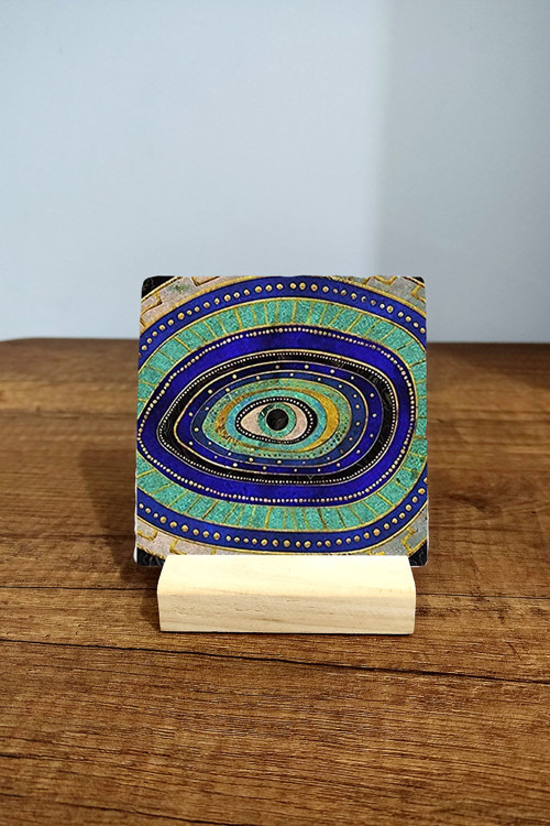 Masa Üstü Taş Tablo - Masa Tablosu 10x10cm -Renkli Nazar Baskılı Dekor