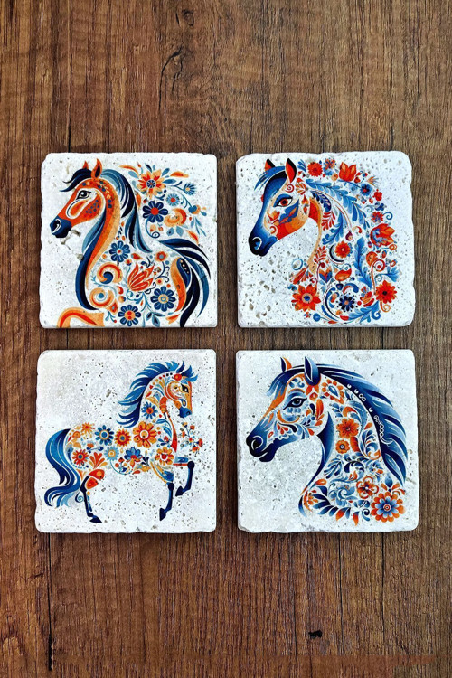 Doğal Taş Bardak Altlığı 4'lü Set 10x10x1 cm Renkli At Baskılı -Stone Coasters