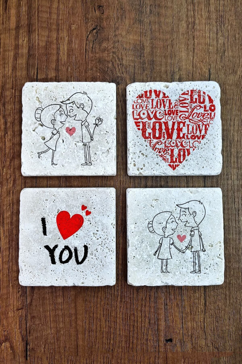 Doğal Taş Bardak Altlığı Sevgililer Günü Hediyesi 4'lü Set