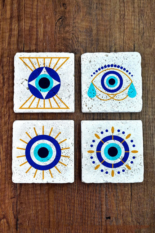 Doğal Taş Bardak Altlığı 4'lü Set 10x10x1 cm Nazar Boncuğu Desenli - EvilEye Stone Coasters 352