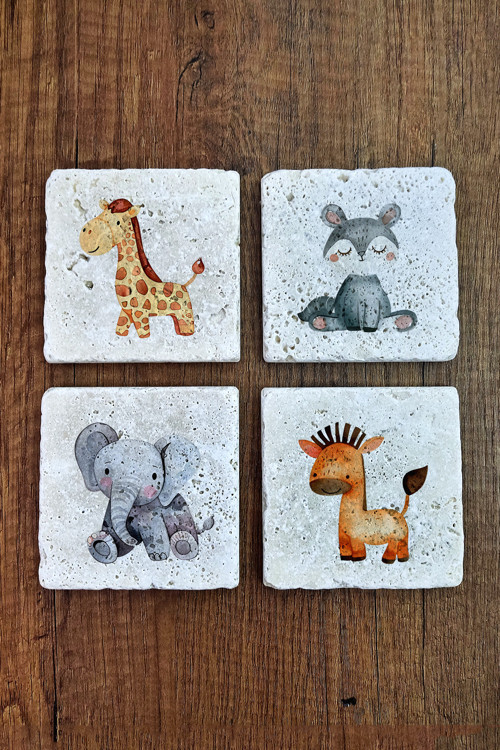 Sevimli Çizgi Hayvanlar Temalı Doğal Taş Bardak Altlığı - Stone Coasters
