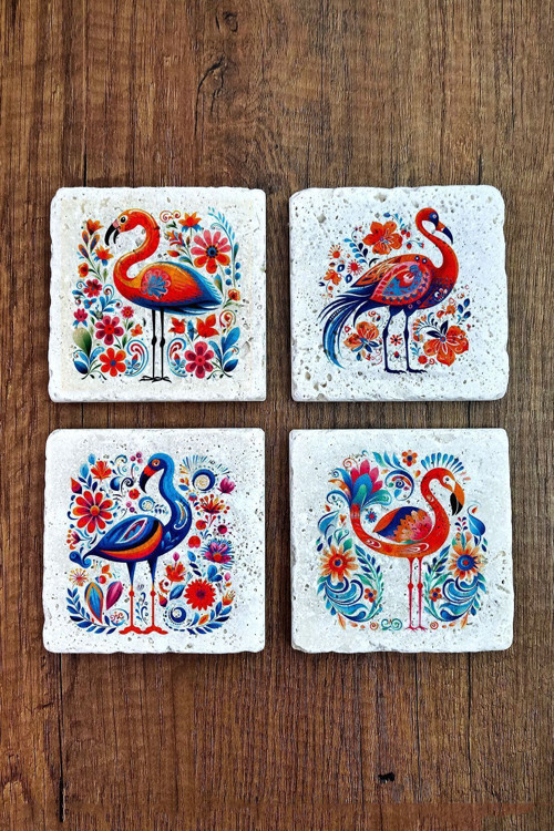 Doğal Taş Bardak Altlığı 4'lü Set 10x10x1 cm Filamingo Desenler -Stone Coasters