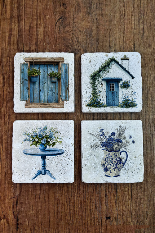 Doğal Taş Bardak Altlığı - Köy & nostalji Temalı Mavi Tonlar - Stone Coasters