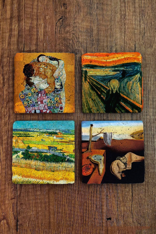 Doğal Taş Bardak Altlığı 4'lü Set 10x10x1 cm Dali, Van Gogh, Klimt eserleri-Stone Coasters
