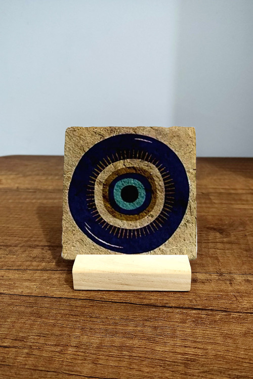 Masa Üstü Doğal Taş Tablo - Masa Tablosu 10x10cm -renkli Nazar Baskılı Dekor